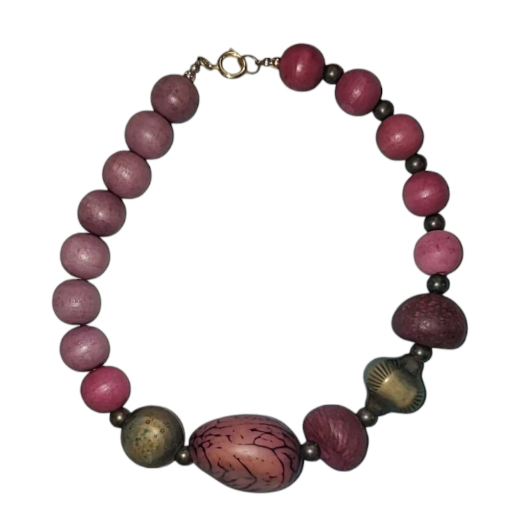 16" Beautiful Big Chunky Wood Beaded Choker Collar Necklace